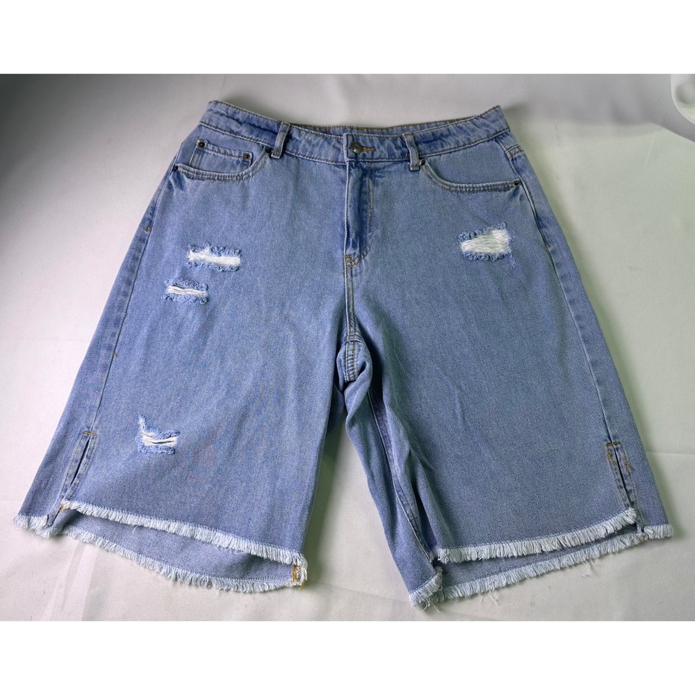 Future Collective Alani Noelle Distressed Denim Bermuda Shorts Sz 8 Raw Hem Y2K